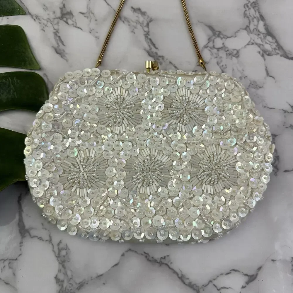 Vintage 70s Beaded Handbag Purse Cream Gold Sequin Kiss Lock Frame Evening